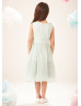 V Neck Sage Ruched Chiffon Knee Length Flower Girl Dress